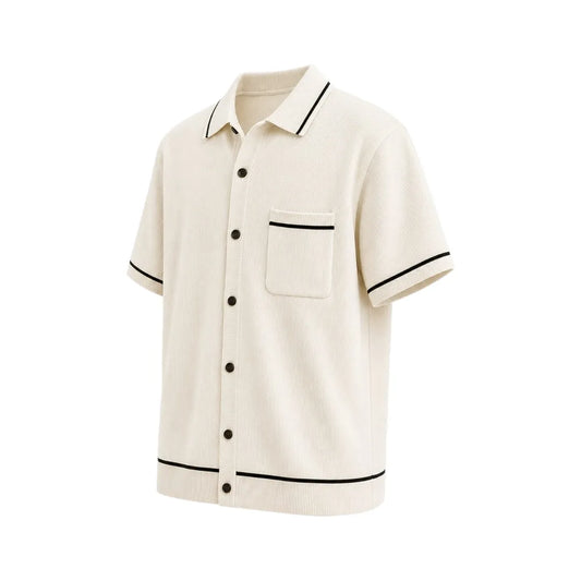 Nicole's Closet Men's Knit Button-Up Polo Shirt Off White Regular Fit Short Sleeve Medium (M)