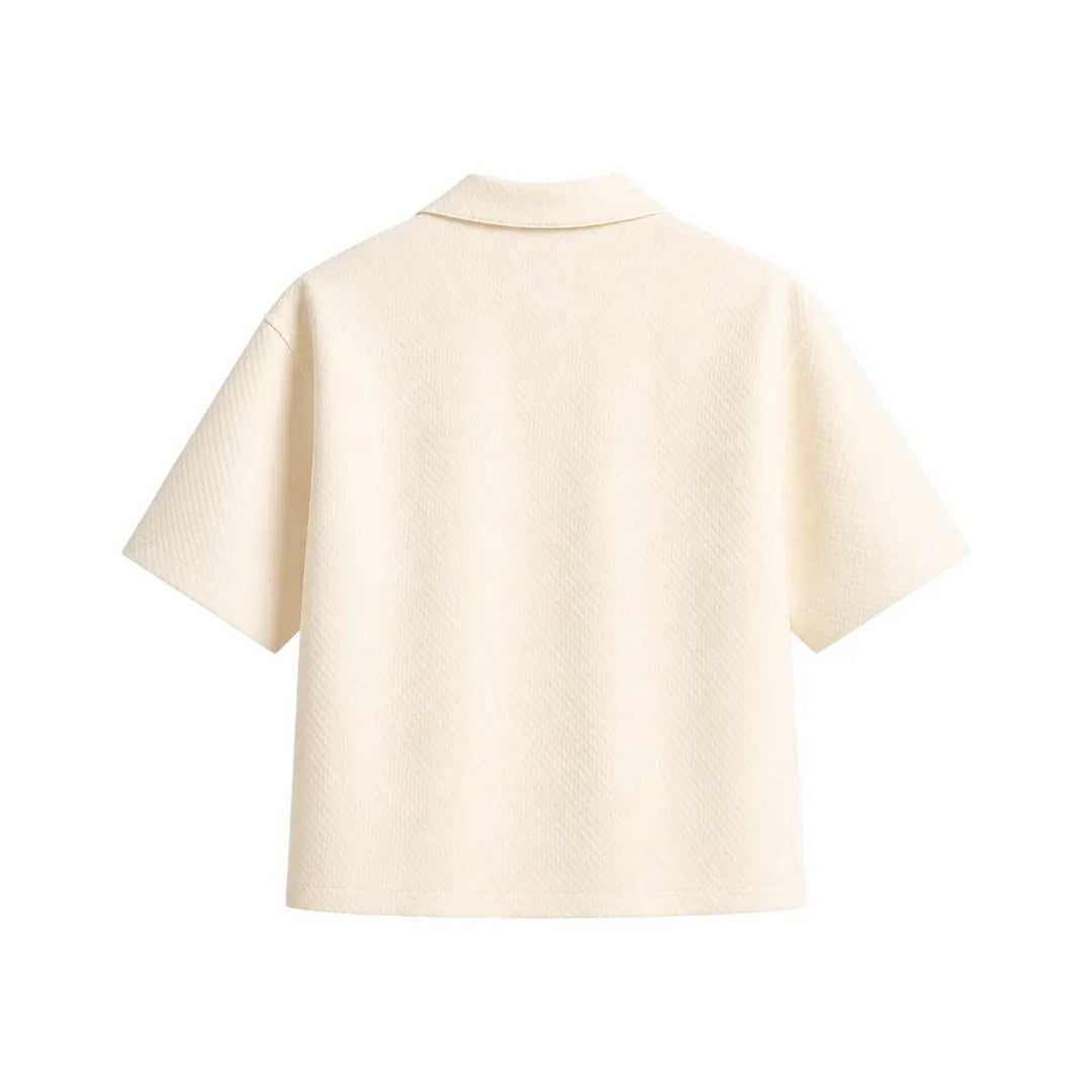 Nicole's Closet Men's Textured Camp Collar Shirt Off White Regular Fit Short Sleeve Medium (M)