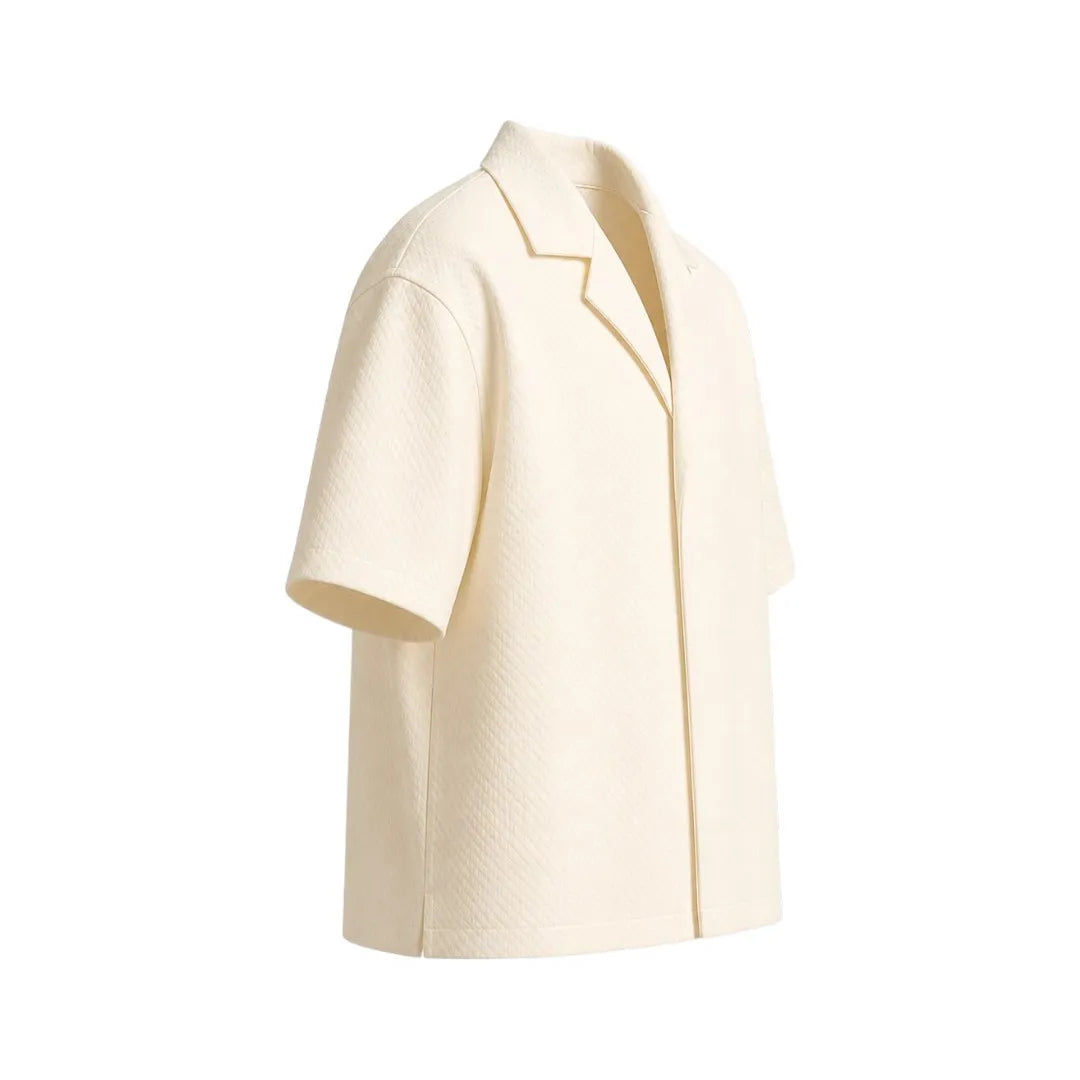 Nicole's Closet Men's Textured Camp Collar Shirt Off White Regular Fit Short Sleeve Medium (M)