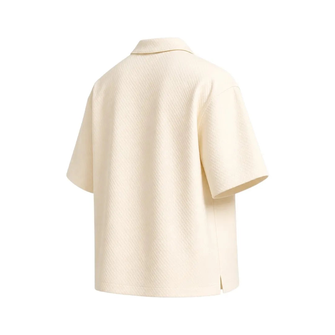 Nicole's Closet Men's Textured Camp Collar Shirt Off White Regular Fit Short Sleeve Medium (M)